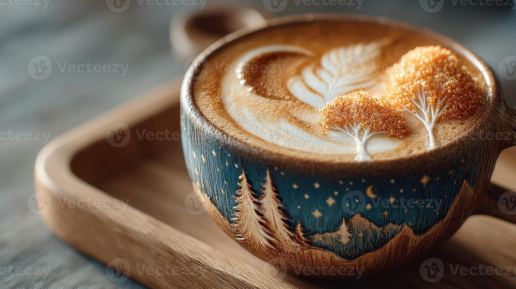 Beautiful latte art featuring a winter landscape with trees and stars displayed on a wooden tray photo