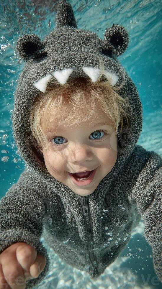 Happy child enjoys swimming in a pool, wearing a cute shark-themed swimsuit during a sunny day photo