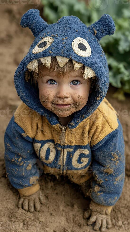 Young child plays joyfully in dirt wearing a hoodie with monster features on a sunny day outside photo