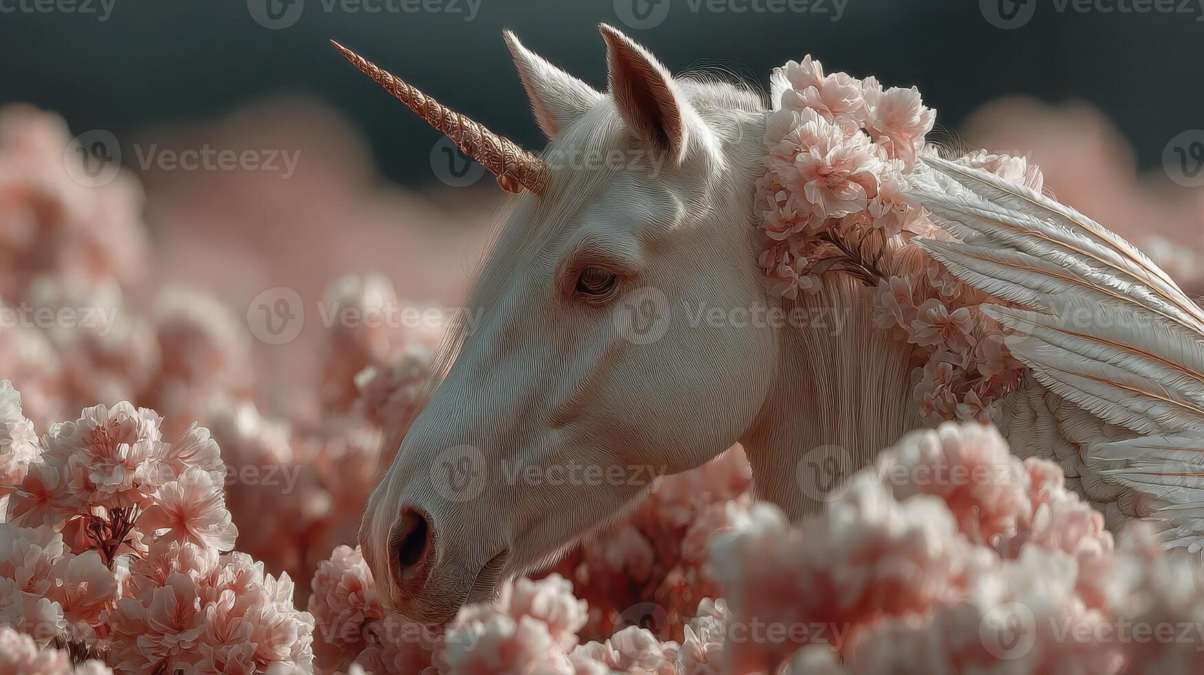 Enchanted unicorn surrounded by pink blossoms in a magical landscape under bright skies photo