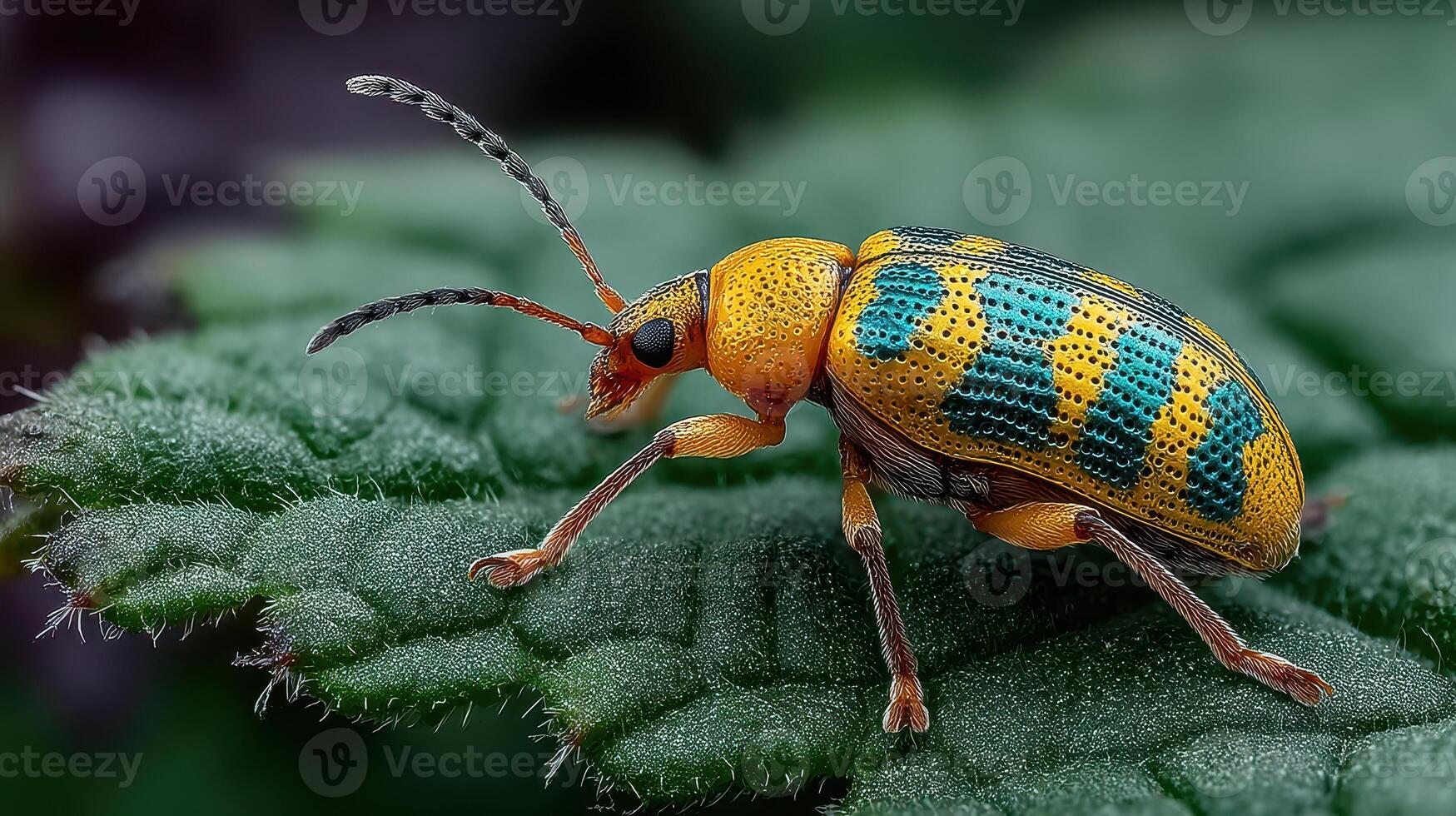 Colorful beetle exploring a leaf in a vibrant garden during daylight hours photo