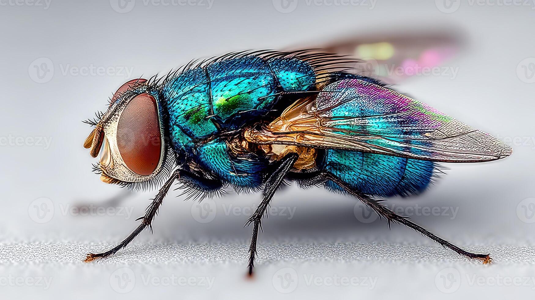 Close-up view of a colorful fly with vibrant blue and green iridescent body captured in a detailed setting indoors during daylight photo