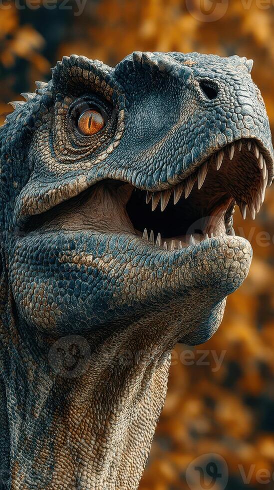 Roaring dinosaur head with detailed scales and fierce expression set against a backdrop of autumn foliage in a prehistoric landscape photo