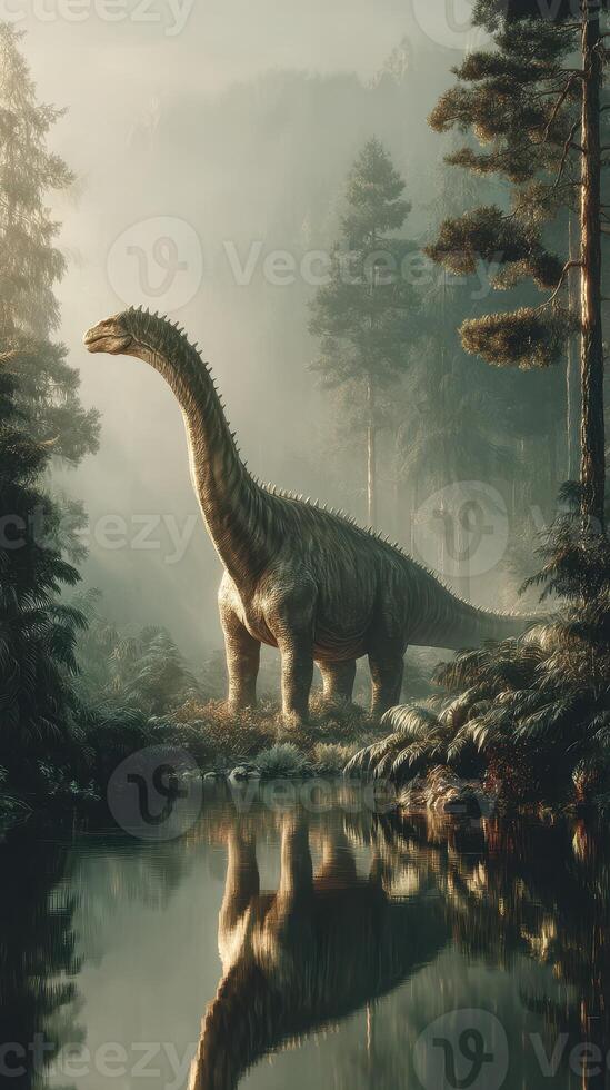 Dinosaur walking near a serene lake surrounded by lush forests during early morning mist photo