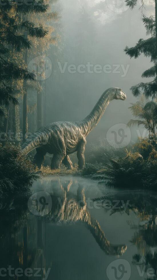 Dinosaur walking near a tranquil pond in a misty prehistoric forest during a serene early morning photo