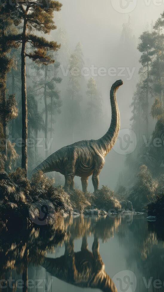 Majestic dinosaur stands by tranquil river surrounded by lush prehistoric forest in early morning light photo