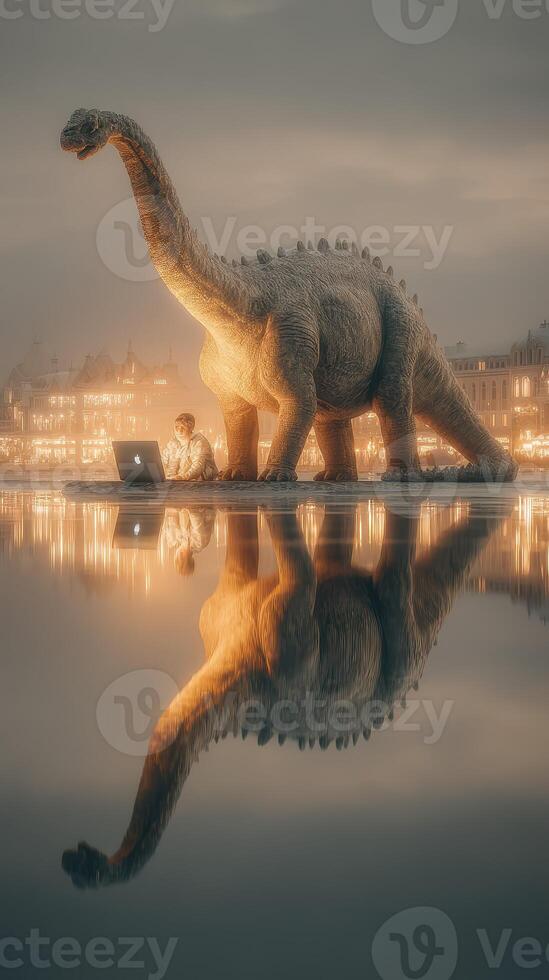 Dinosaur stands beside person working on laptop near water during twilight with reflections of lights on the surface photo