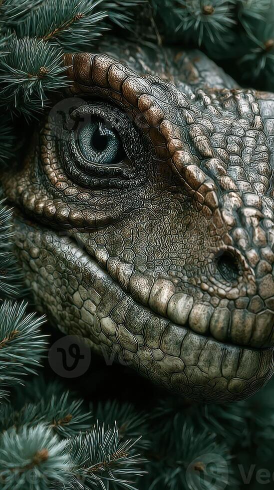 Detailed close-up of a reptilian creature partially hidden among pine branches in a forest setting photo
