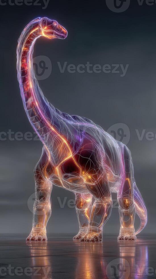 Giant dinosaur silhouette with glowing outlines stands against a dark sky at twilight, showcasing a futuristic interpretation of a classic creature photo