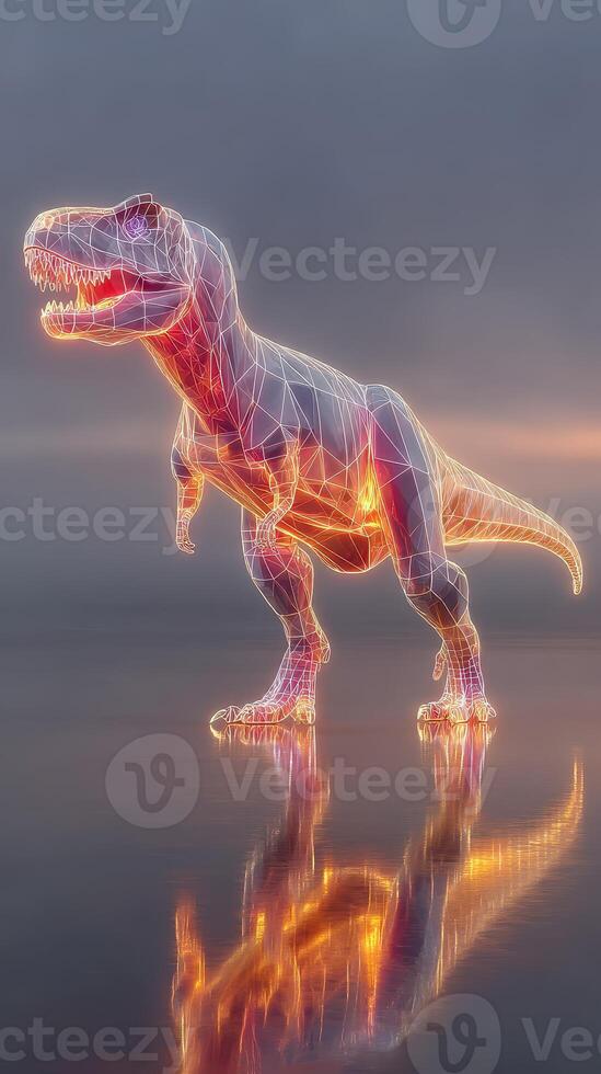 Dinosaur figure illuminated with neon lights stands on reflective surface against a dramatic sky at dusk photo