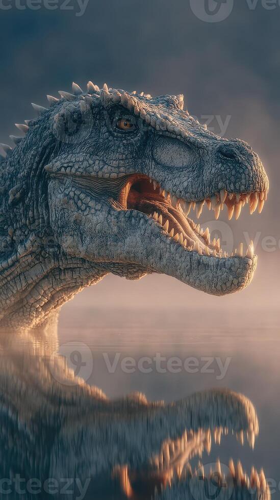 Stunning close-up of a dinosaur emerging from misty water at dawn, showcasing its fierce features and powerful presence photo