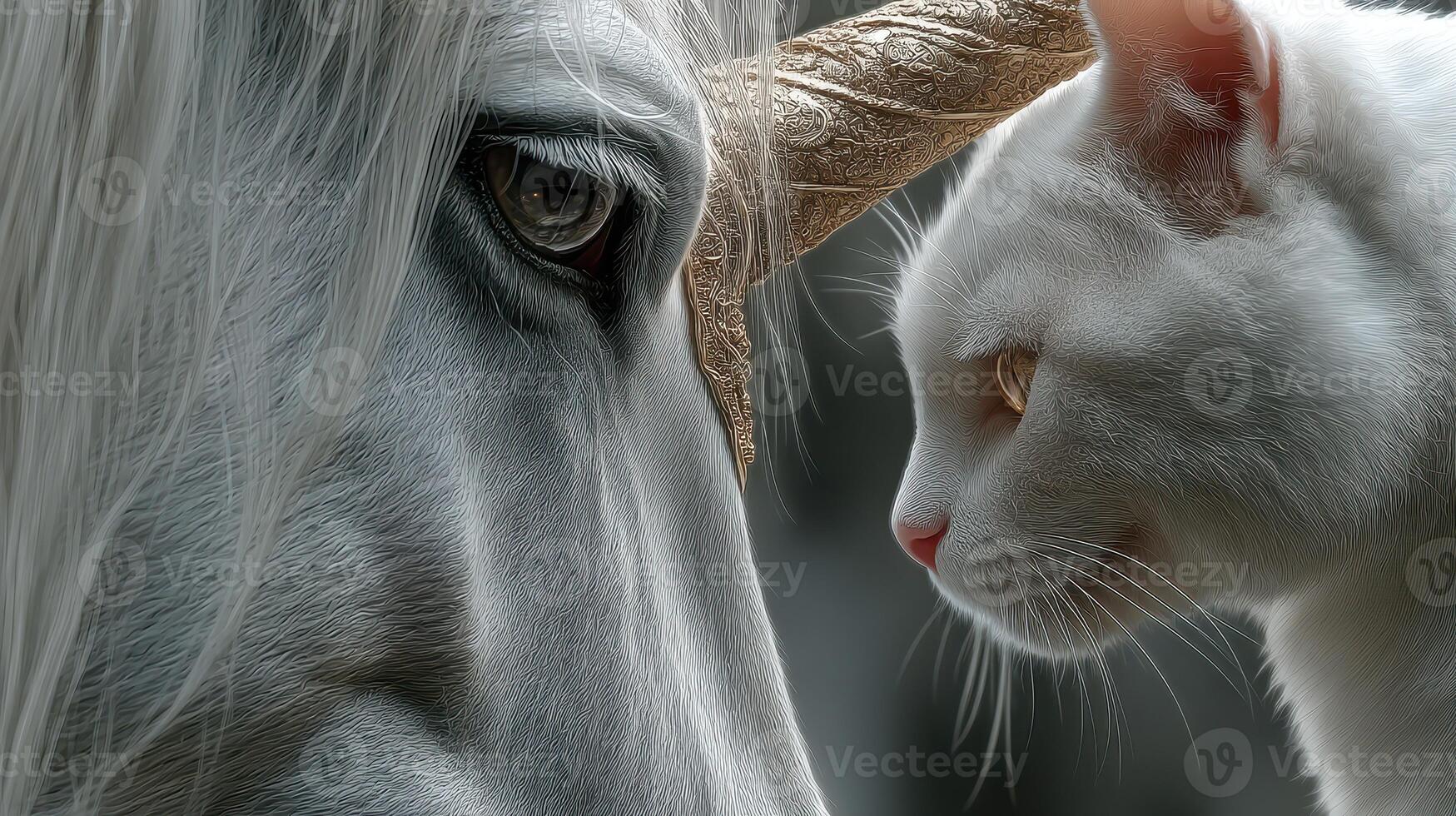 White unicorn and cat gazing at each other in a mystical forest setting during twilight photo