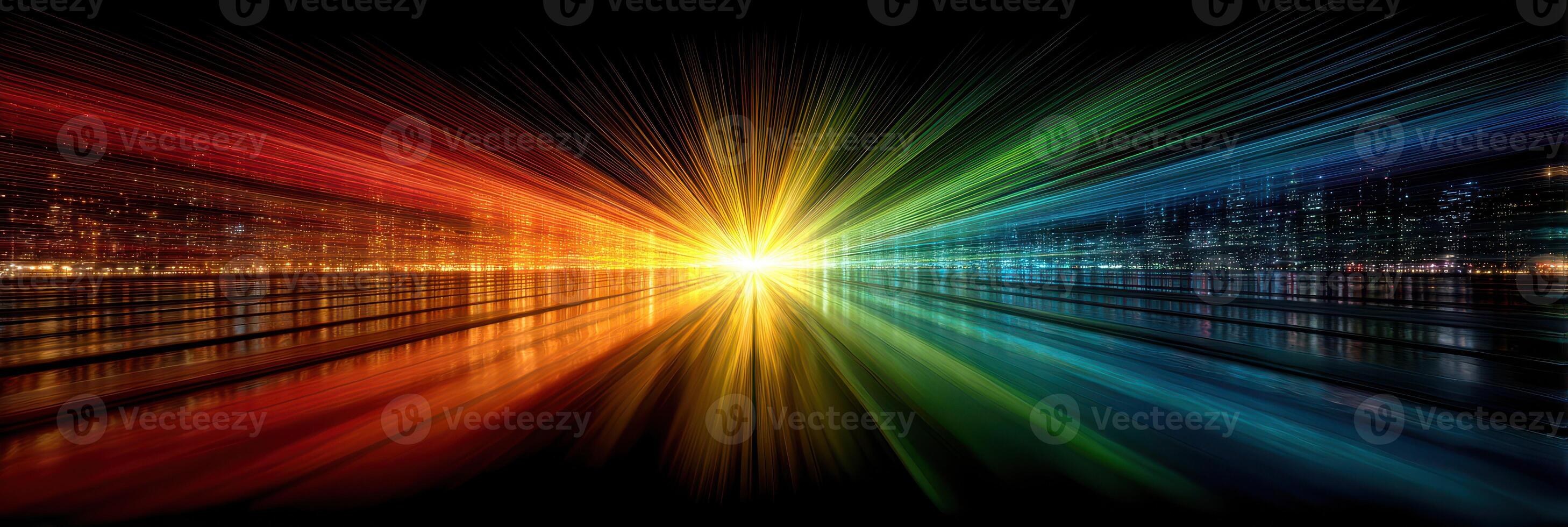 Colorful light beams radiate across a calm lake at dusk near a city skyline photo