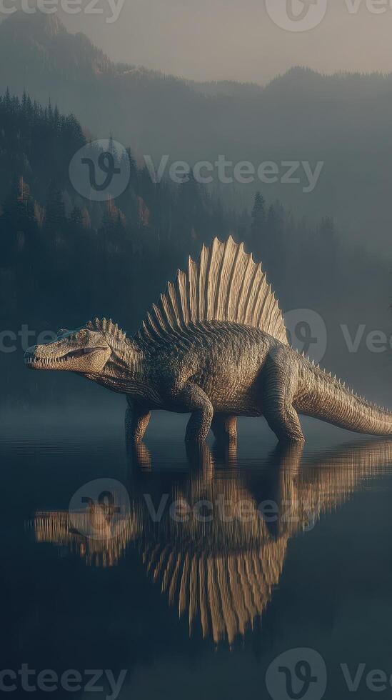 Dinosaur emerges from misty lake at dawn showcasing its majestic dorsal sail in a prehistoric environment photo