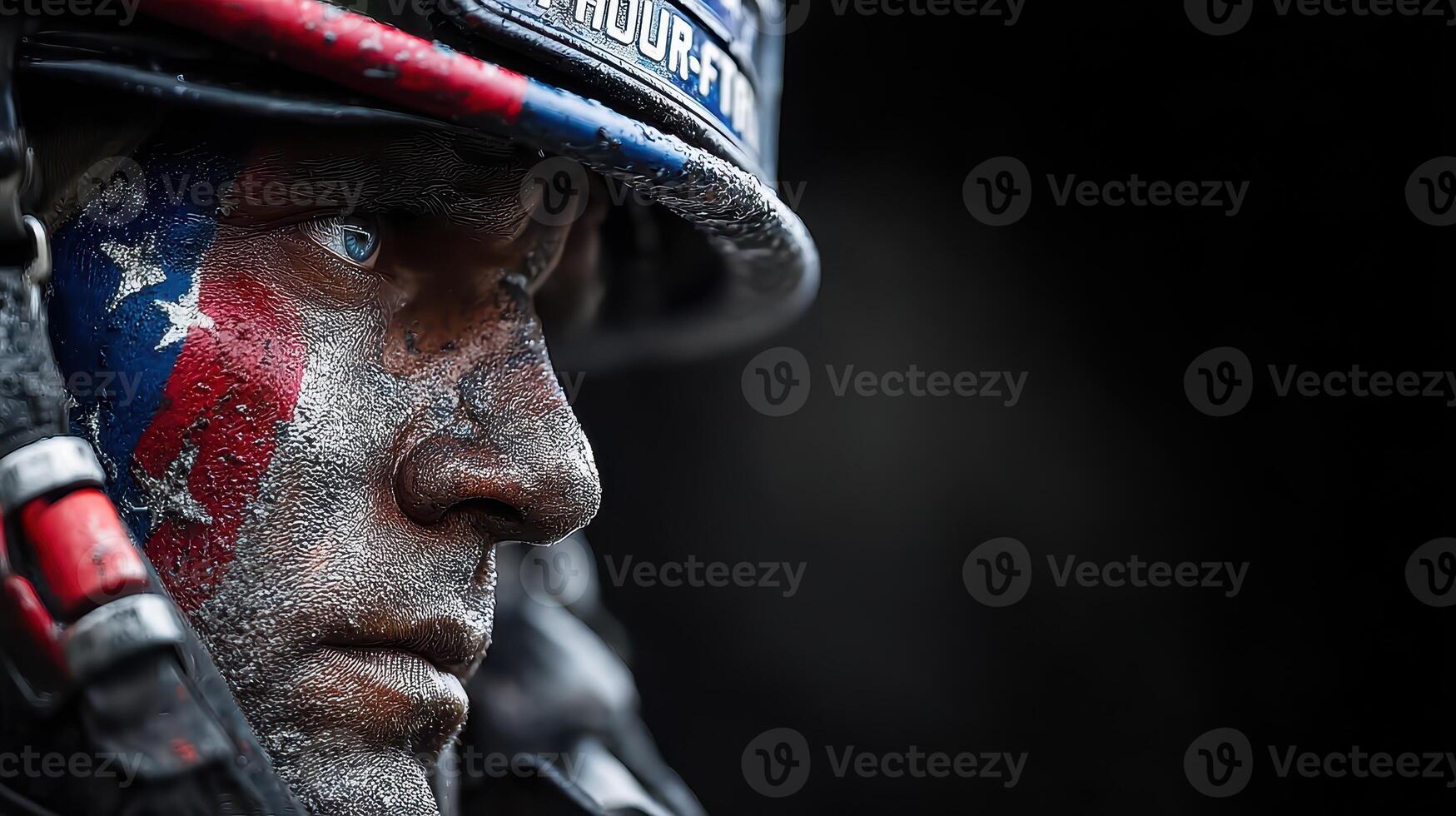 Soldier with painted face in military gear during a battle preparation scene in an urban environment at dusk photo