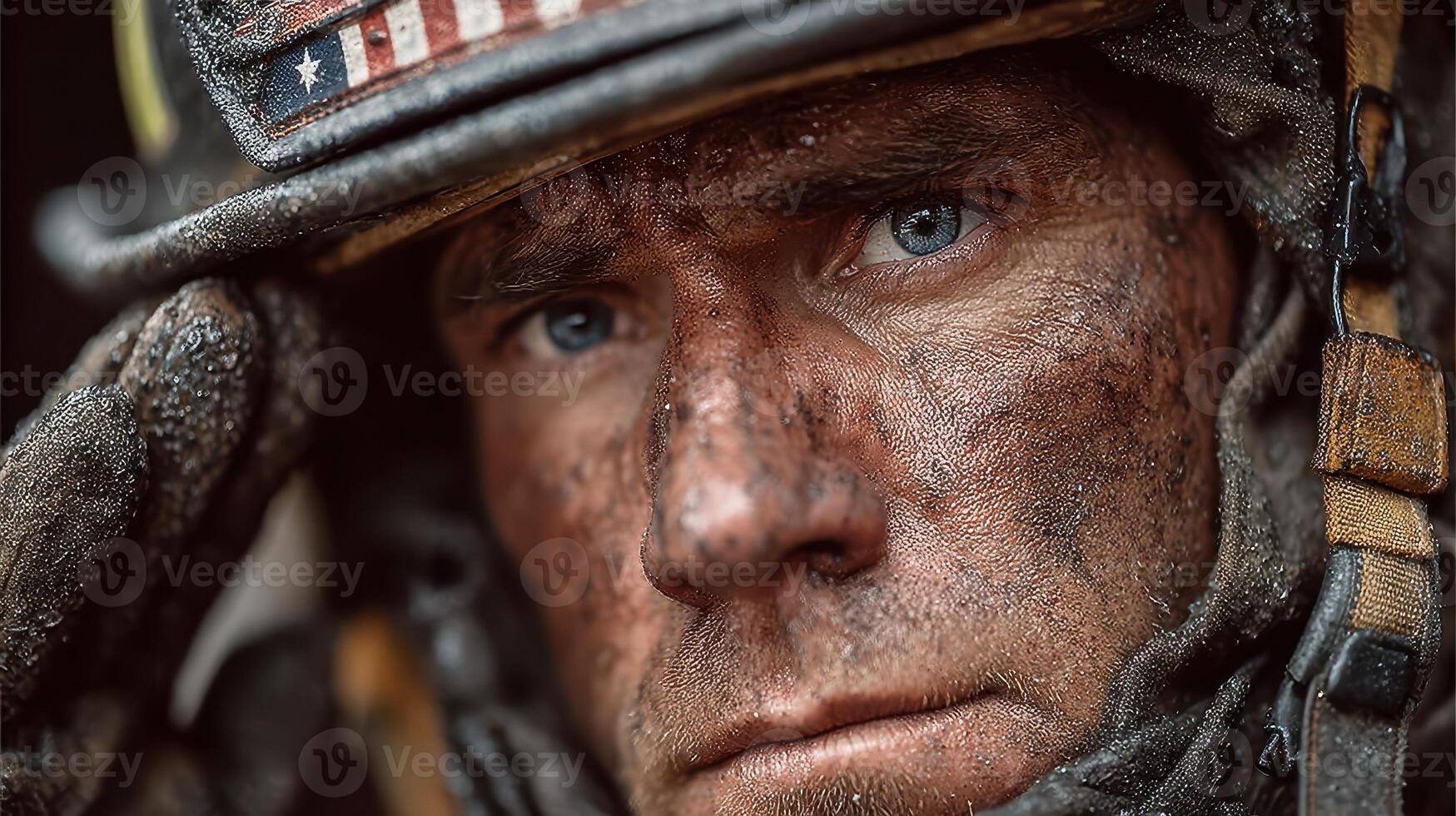 Soldier saluting with determination after a challenging mission in a rugged environment photo