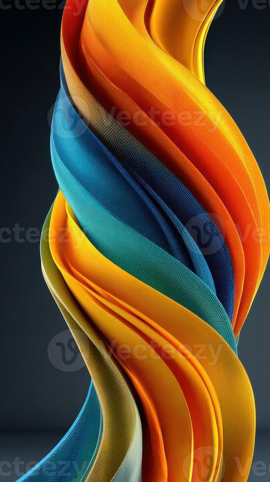 Colorful fabric ribbons twisting gracefully in artistic display against a dark background photo