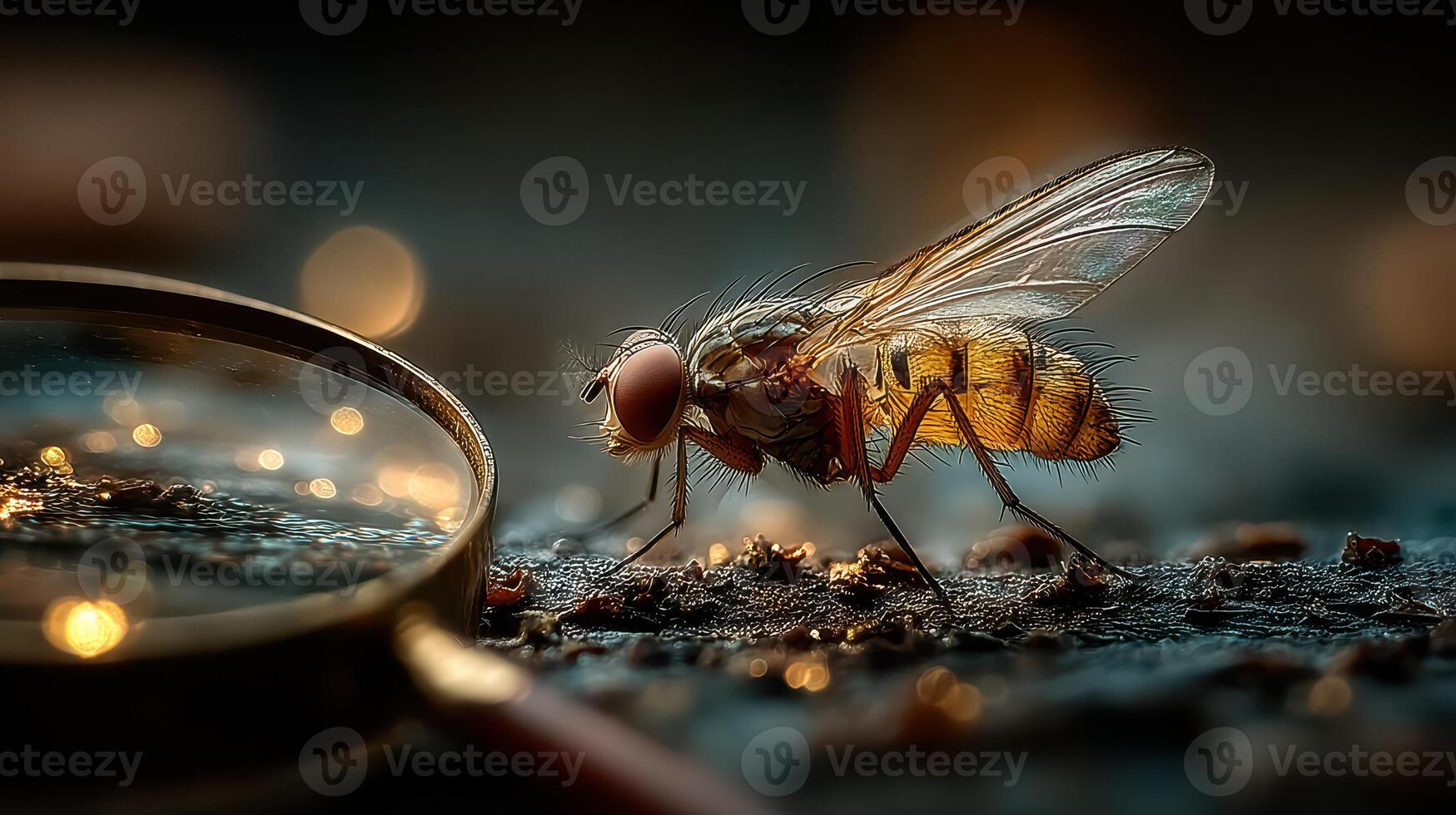 Close-up view of a fly under a magnifying glass, showcasing intricate details of its wings and body in soft lighting photo