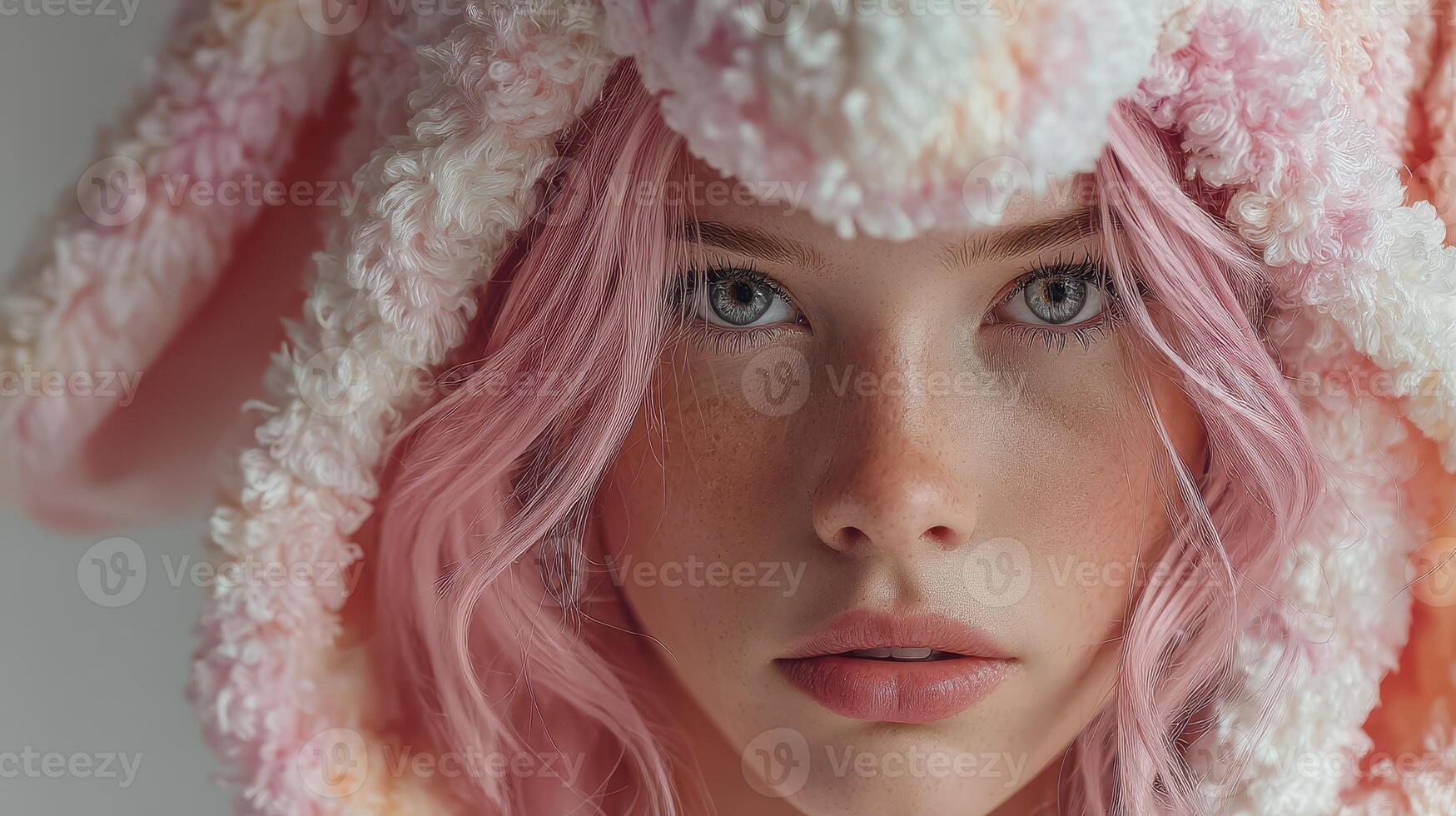Portrait of a girl in a fluffy bunny hat with pastel pink hair and soft features in a close-up setting photo