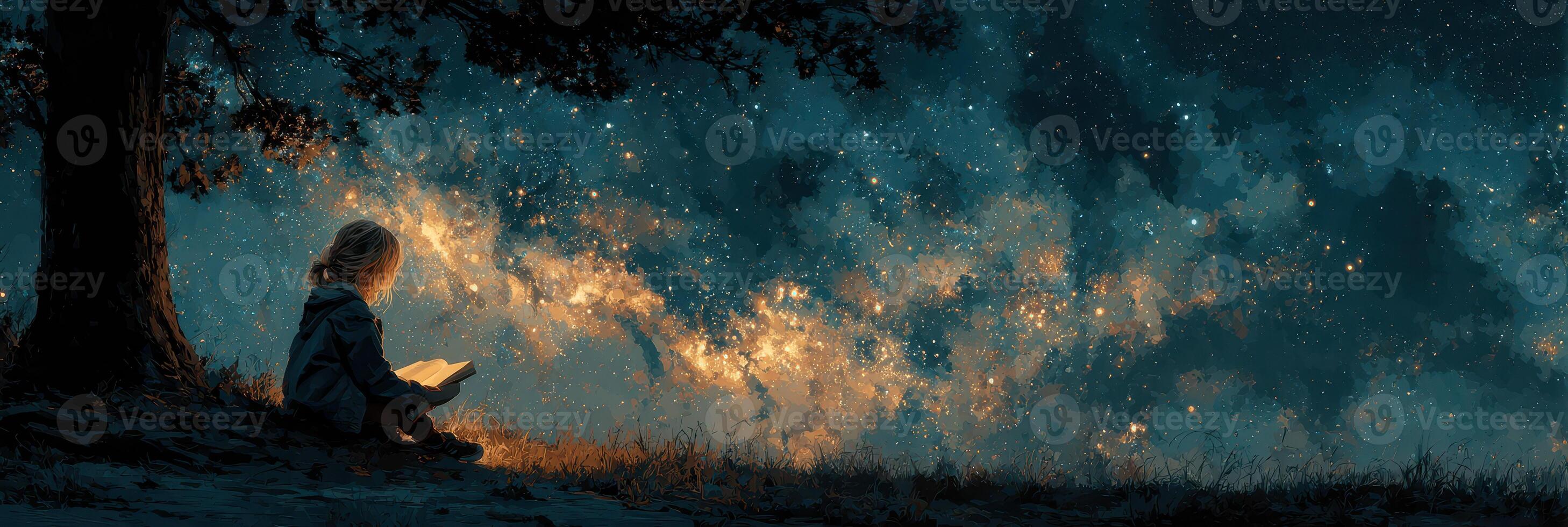 Child reading under a tree while gazing at a starry sky filled with colorful galaxies at night photo