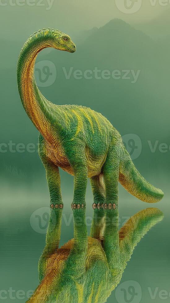 Majestic green dinosaur reflecting in a serene lake at dawn surrounded by misty mountains photo