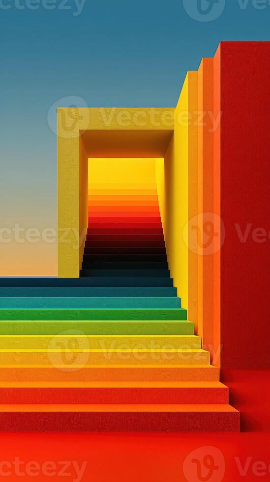 Vibrant abstract staircase leads to a colorful horizon during sunset at an artistic installation photo