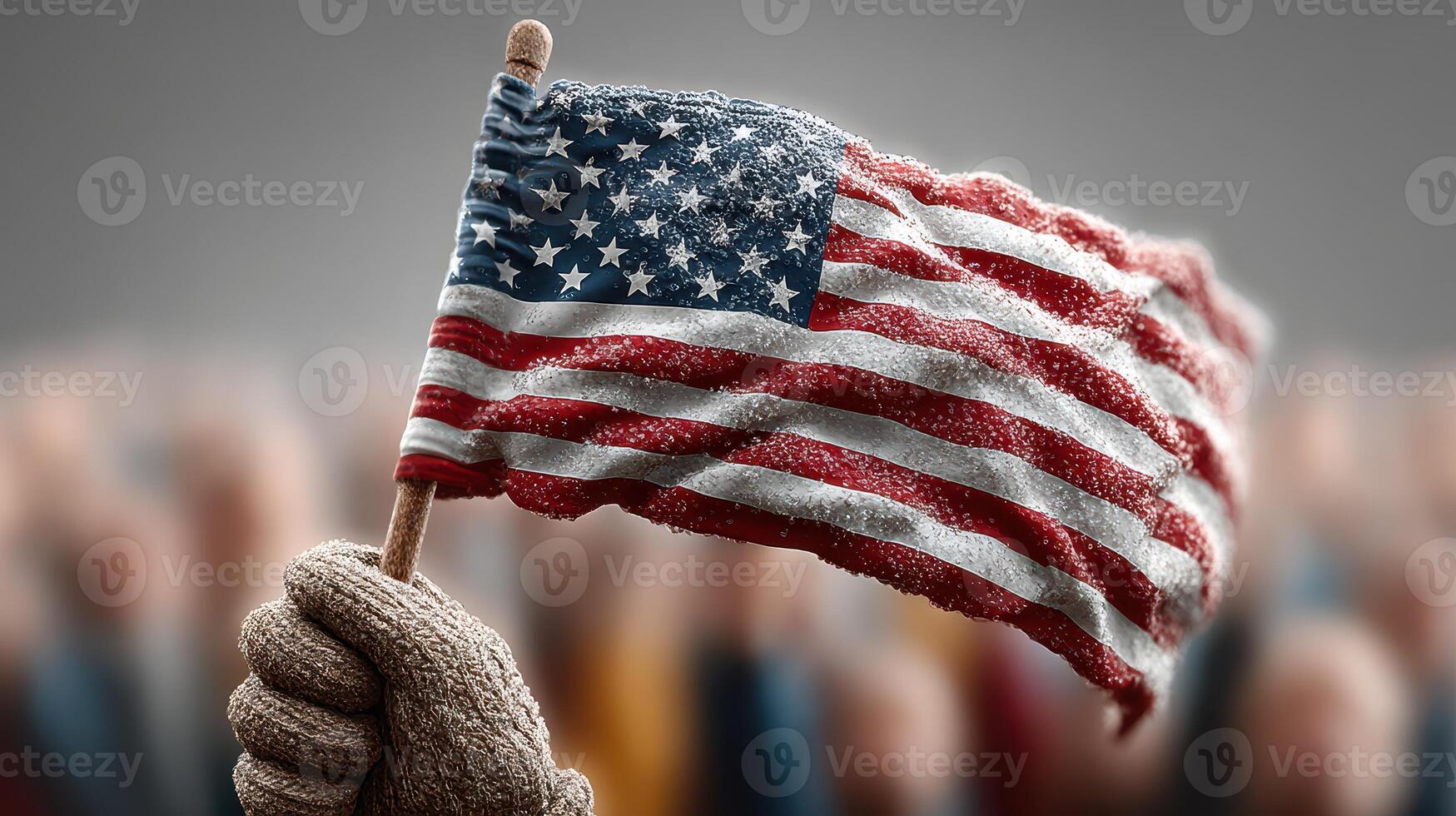 People proudly wave a weathered American flag at a rally during a sunny afternoon event promoting patriotism and national unity photo