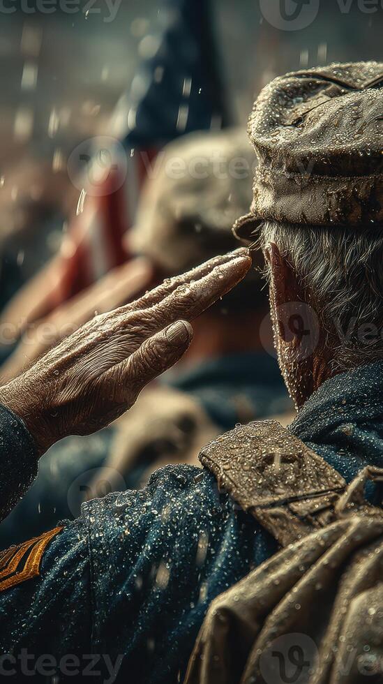 Veteran saluting during a somber military ceremony on a rainy day in a historical setting photo