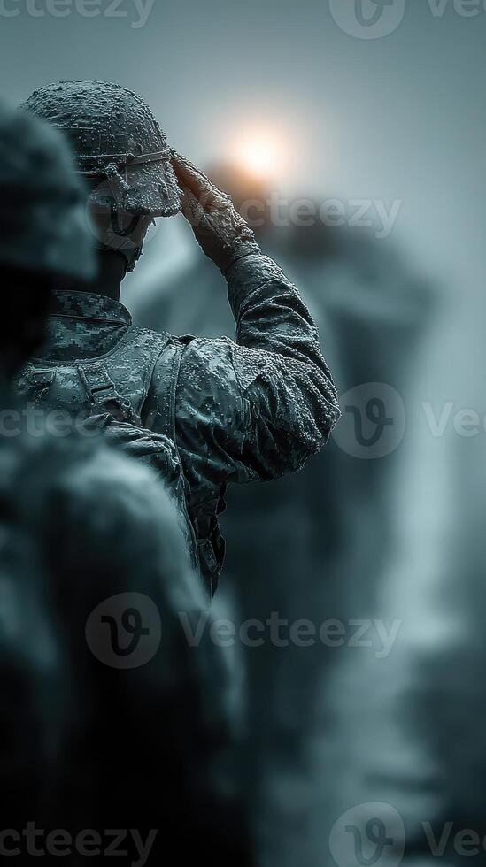 Soldiers in formation salute during a rainy dawn at a military base, demonstrating discipline and camaraderie photo