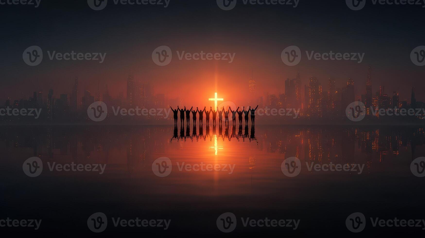 People celebrating a spiritual gathering with a cross against a sunset in an urban setting by a calm body of water photo