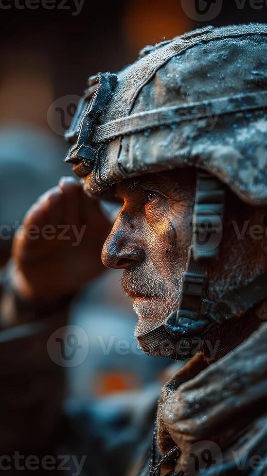 Soldier saluting in the early morning frost during training exercises in a military base photo