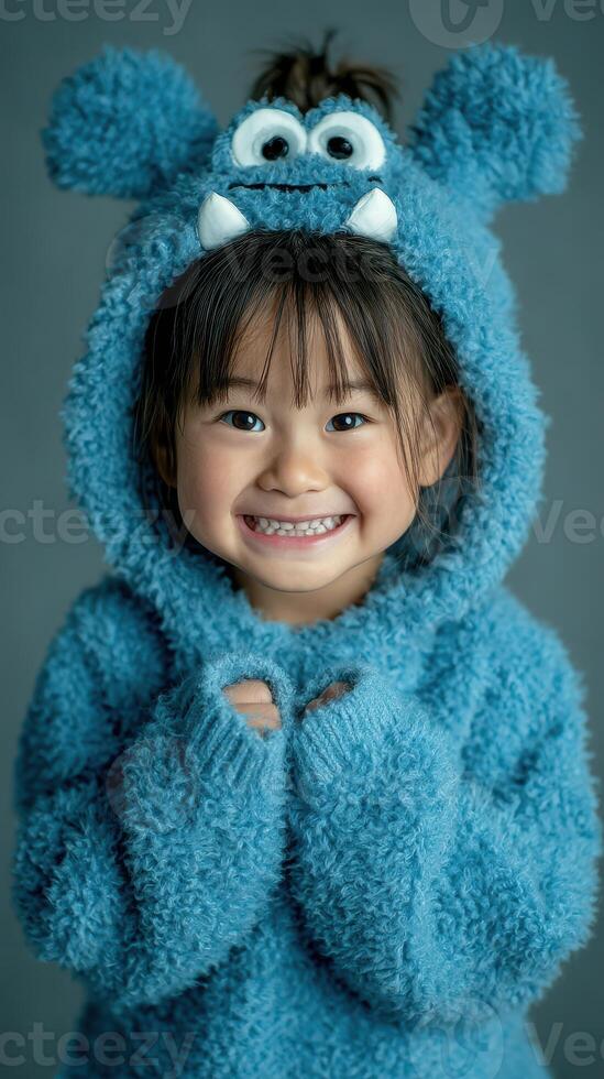 Smiling child in fluffy blue monster hoodie poses for portrait in playful indoor setting photo