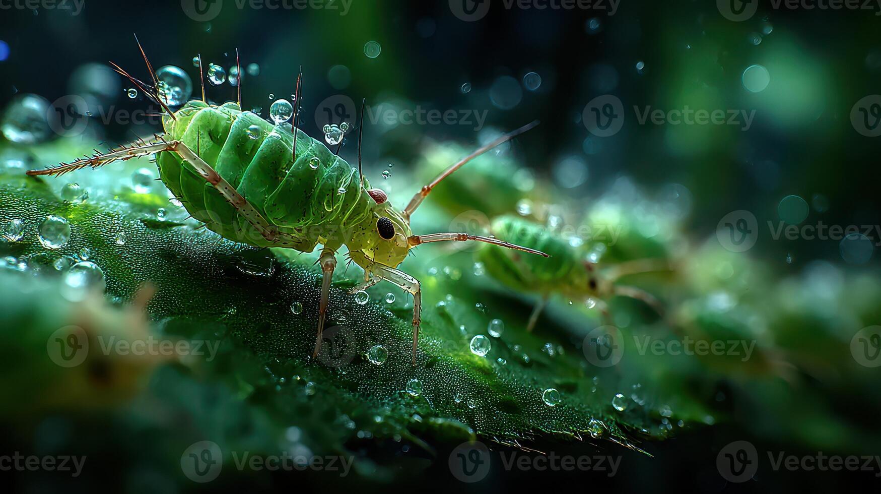 Tiny green aphids crawl on a leaf covered in droplets in a lush garden setting during the early morning hours photo