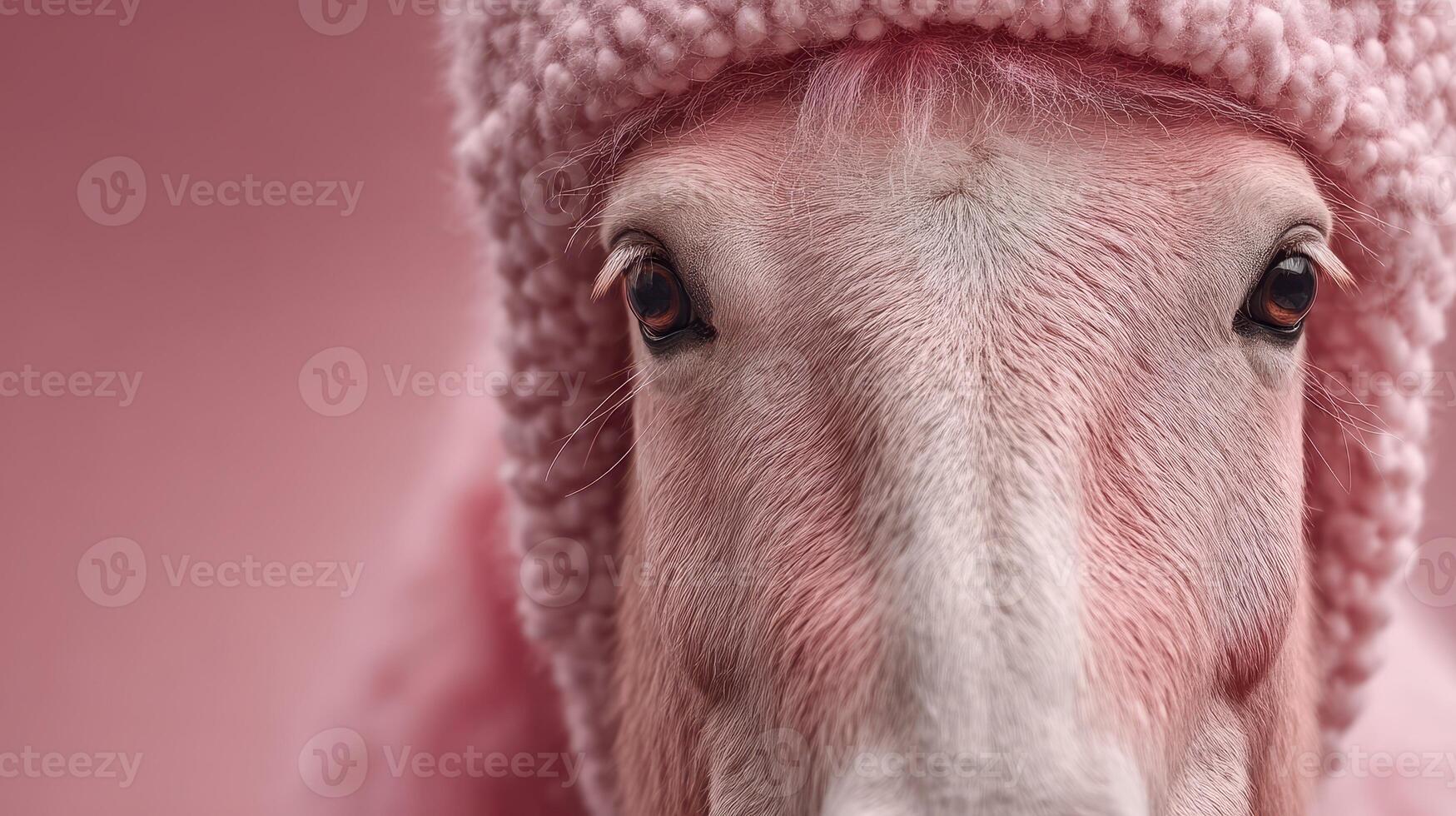 Cute white pony with fluffy hat in a soft pink background, showcasing a charming expression and unique personality photo