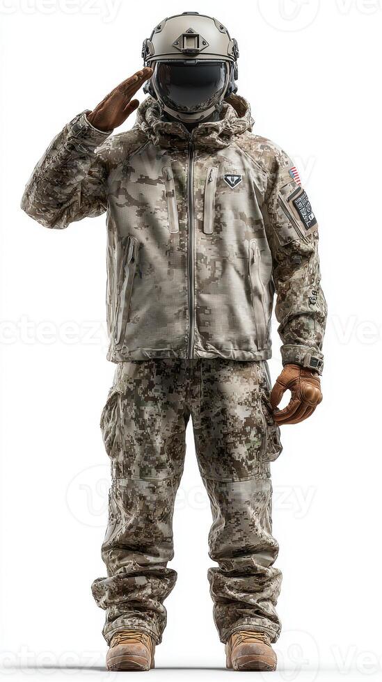 Military personnel in advanced tactical gear performs a salute in a neutral setting during a training session photo