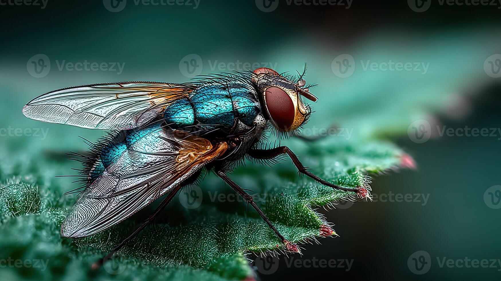 Close-up view of a colorful fly resting on a green leaf in nature photo