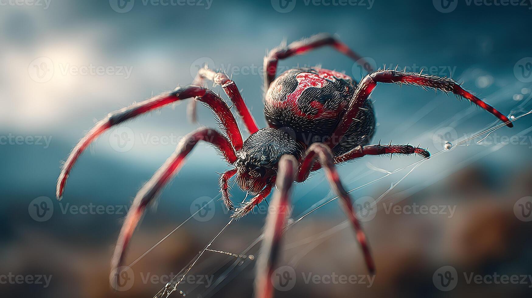Close-up of a red and black spider weaving its intricate web in a natural setting during daylight hours photo