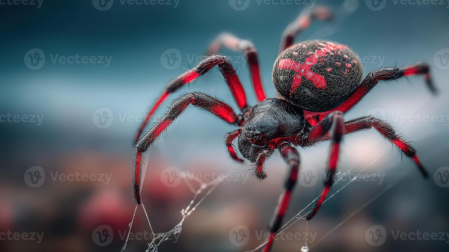 Close-up of a vibrant spider creating its web in a natural outdoor setting during daylight hours photo