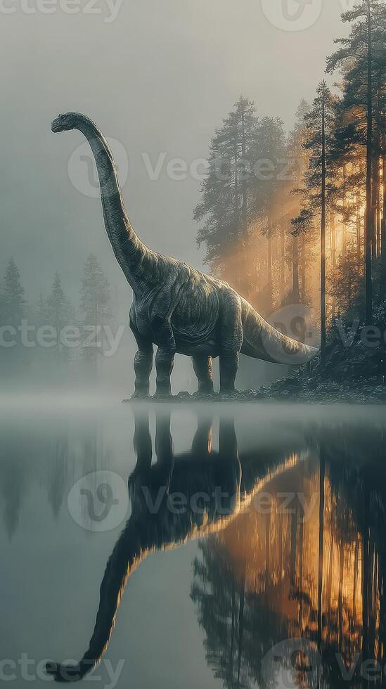 Majestic dinosaur standing by a serene lake surrounded by misty forest at sunrise photo