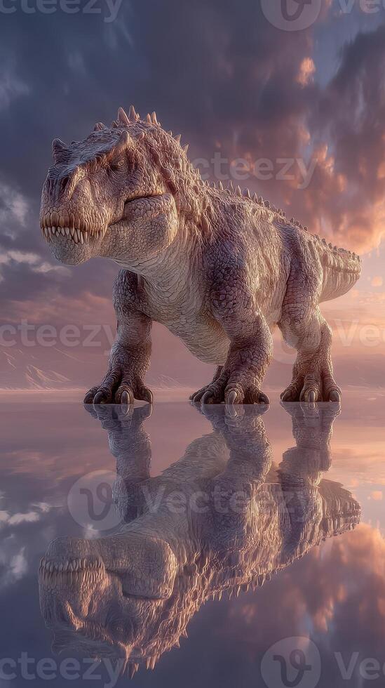 Dinosaur standing on a reflective surface at sunset with dramatic clouds in the background photo
