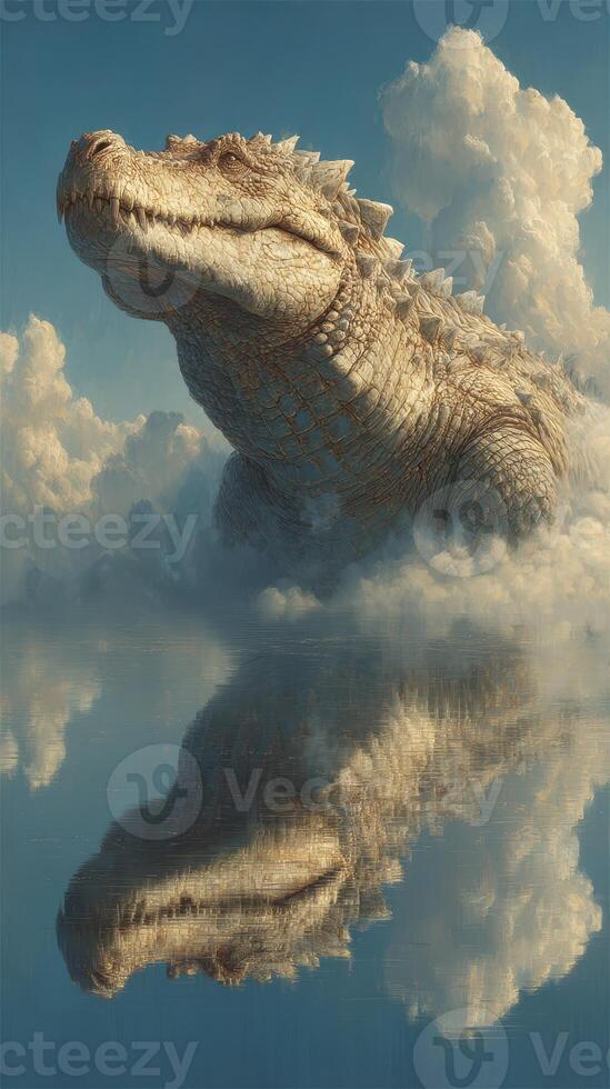 Majestic crocodile emerging from tranquil water surrounded by fluffy clouds at sunset photo