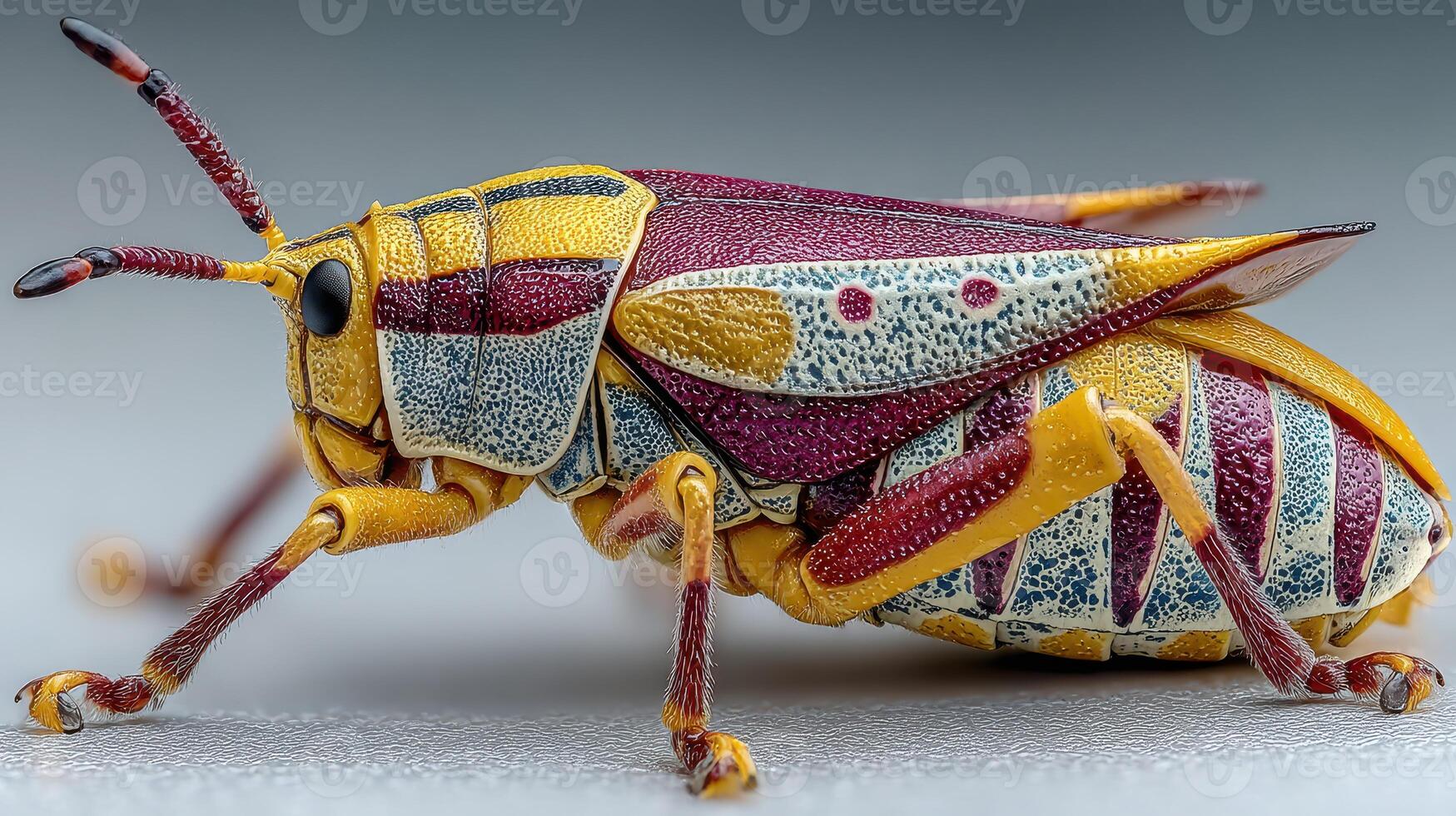 Colorful grasshopper observed in detail showcasing its vibrant pattern and structure in natural habitat during daylight hours photo