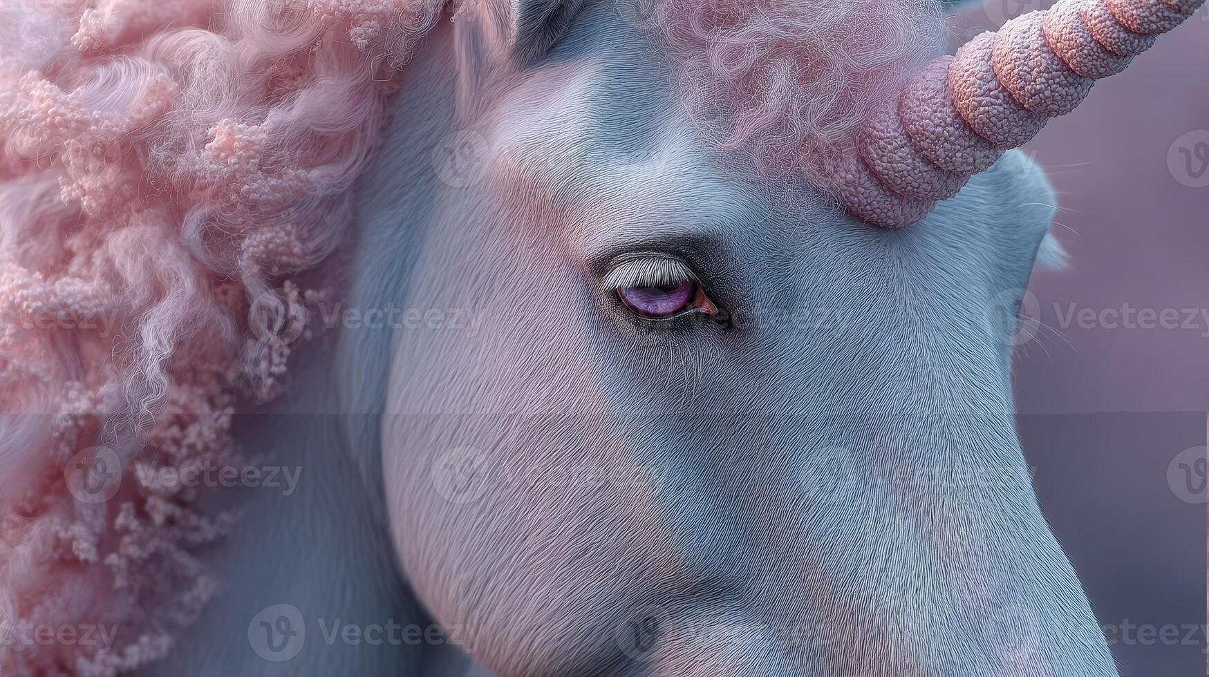 Magical unicorn with pastel pink mane gazing into the distance on a dreamy background during twilight hours photo