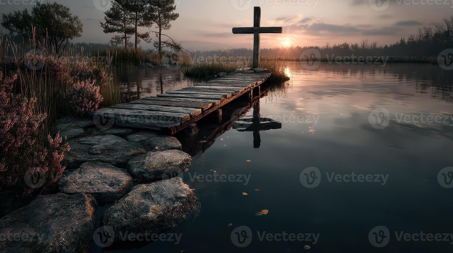 Peaceful lakeside dock at sunrise with a wooden cross and calm water reflecting the light photo