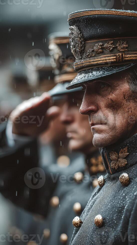 Soldiers in uniform salute during a solemn ceremony in the rain at a memorial site in a historic city square photo