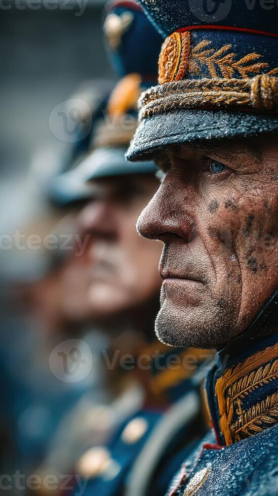 Soldiers in uniform participate in a ceremonial event with focus on a weathered veteran's determined expression during a cloudy day photo