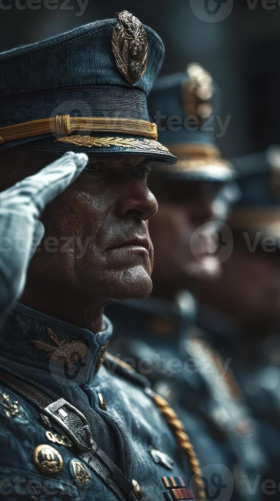 Soldiers in formal uniform salute during a military ceremony at an outdoor location in the afternoon photo