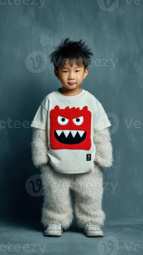 Playful child in fluffy outfit with monster design poses against textured backdrop photo