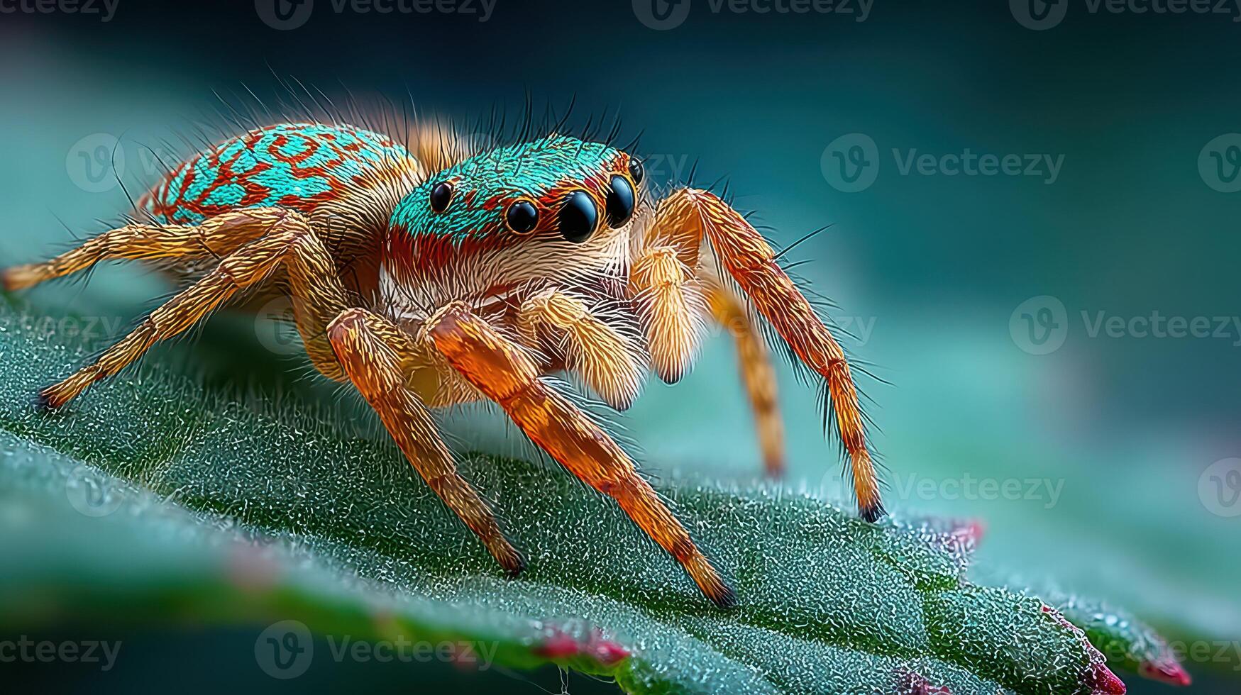 Colorful jumping spider perched on a green leaf in a close-up shot during daylight hours photo