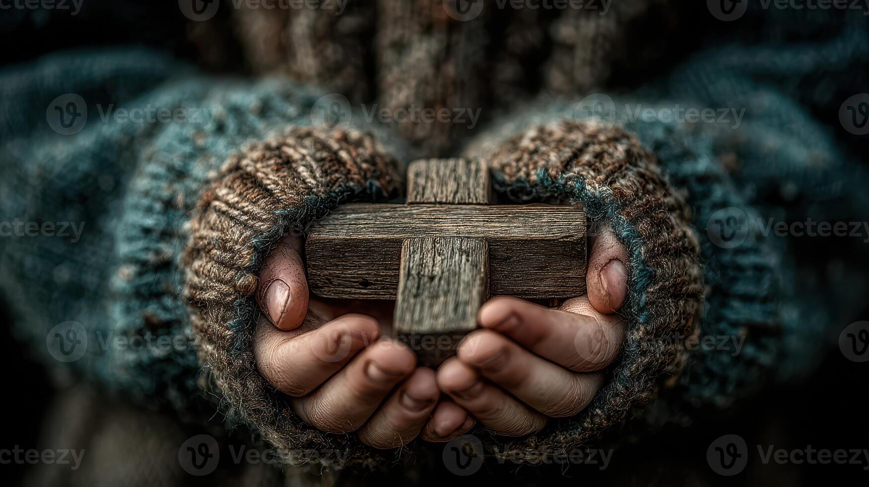 Child holds a wooden cross in hands while wearing a cozy sweater during a contemplative moment photo